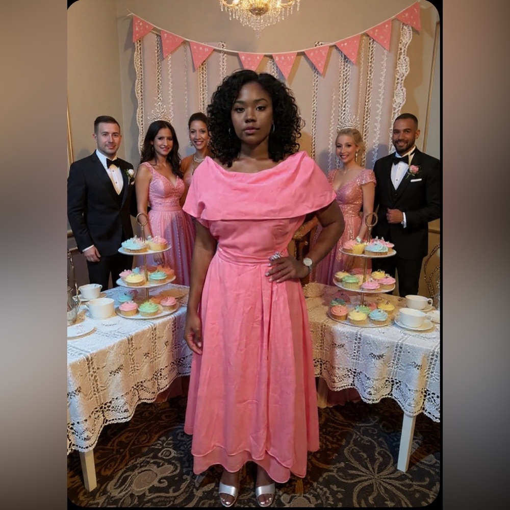 #689 Coral cowl neckline Tea Length Chiffon Long Dress-1X/Size 16